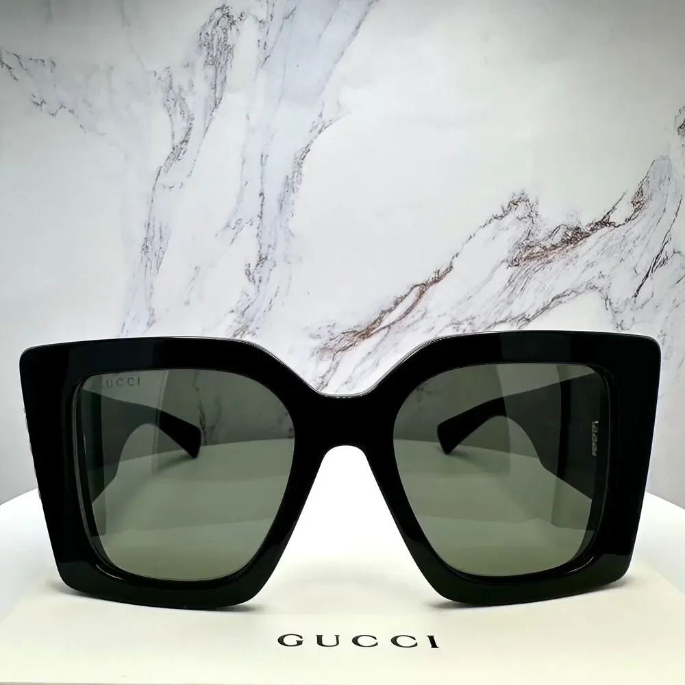 New GUCCI Sunglasses Black Gold Logo Square Oversized 51mm Grey Lens Womens